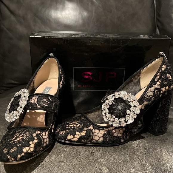 "Authentic Sarah Jessica Parker lace Crystal Mary Janes in size 36." - Picture 7 of 7